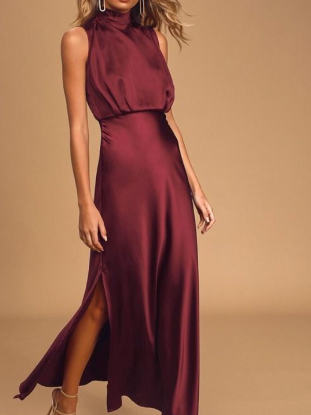 Lulus Classic Elegance Wine Satin Sleeveless Mock Neck Maxi Dress - XS